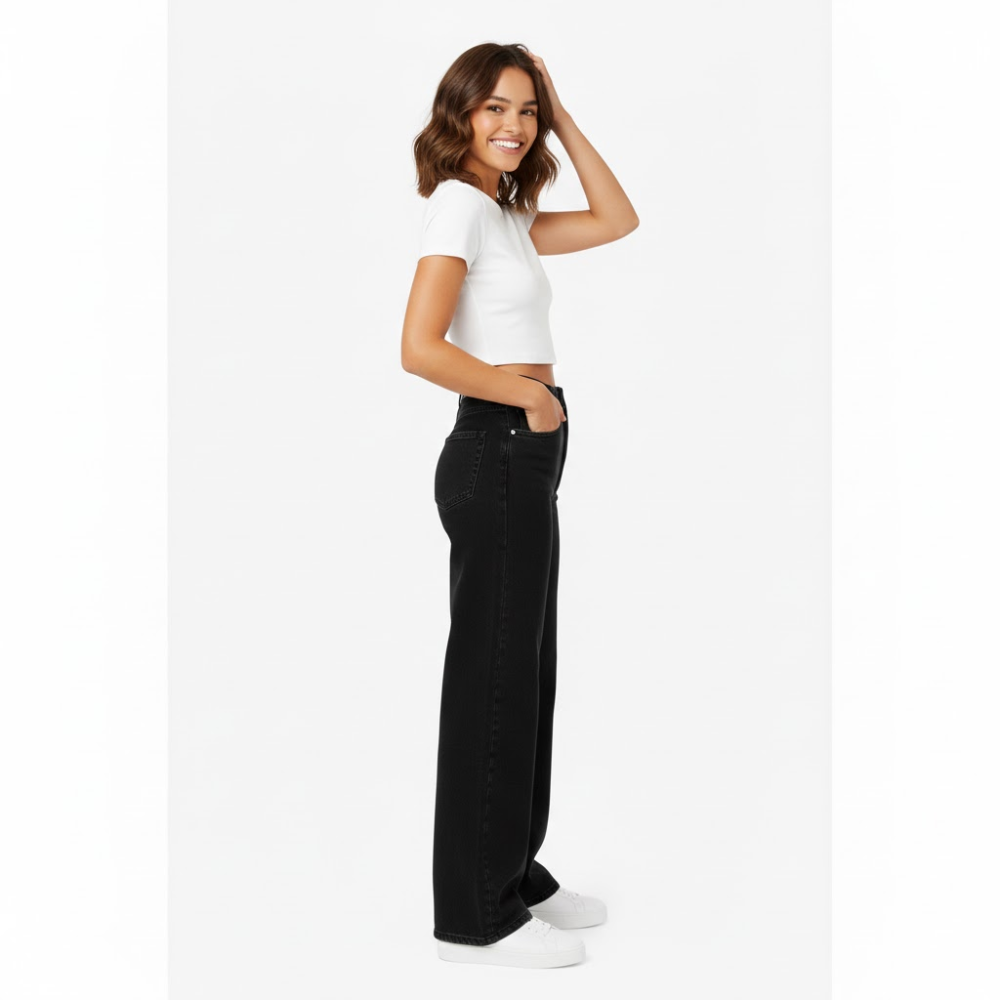 PANTALON JEAN WIDE LEG - JEAN RIGIDO - NEGRO - 2