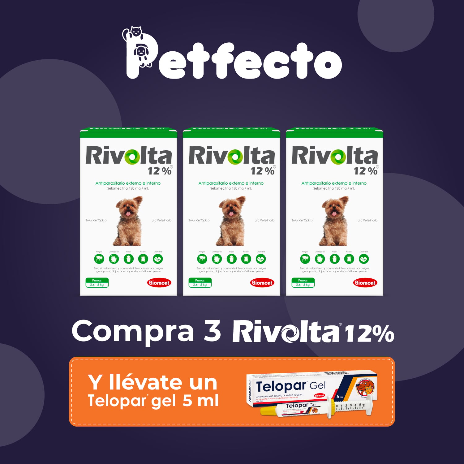 ANTIPULGAS RIVOLTA 12% X 0.25 ML (2.6 - 5 KG.) - 3 PIPETAS +1 TELOPAR 5 ML - 1