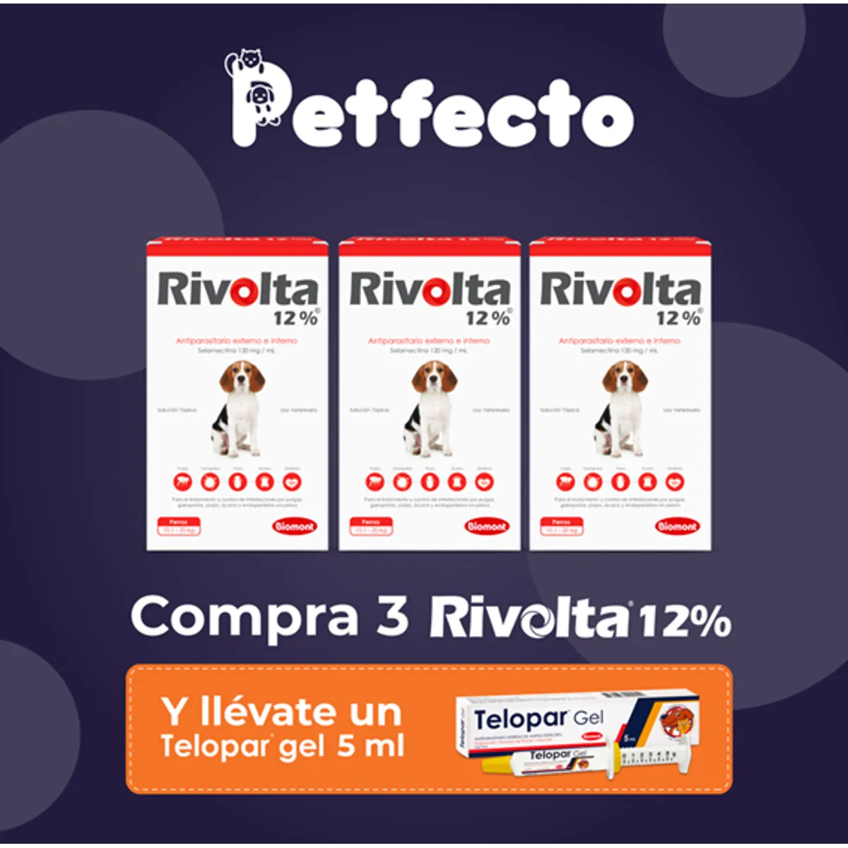 ANTIPULGAS RIVOLTA 12% X 1 ML (10.1 - 20 KG.) - 3 PIPETAS + 1 TELOPAR 5 ML - 1