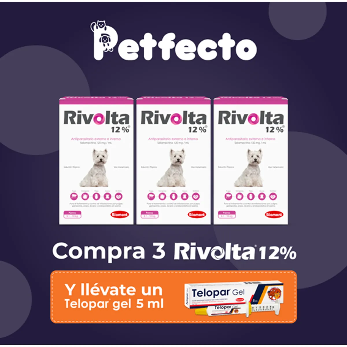 ANTIPULGAS RIVOLTA 12% X 0.50 ML 5.1 - 10 KG. 3 PIPETAS + 1 TELOPAR 5 ML - 1