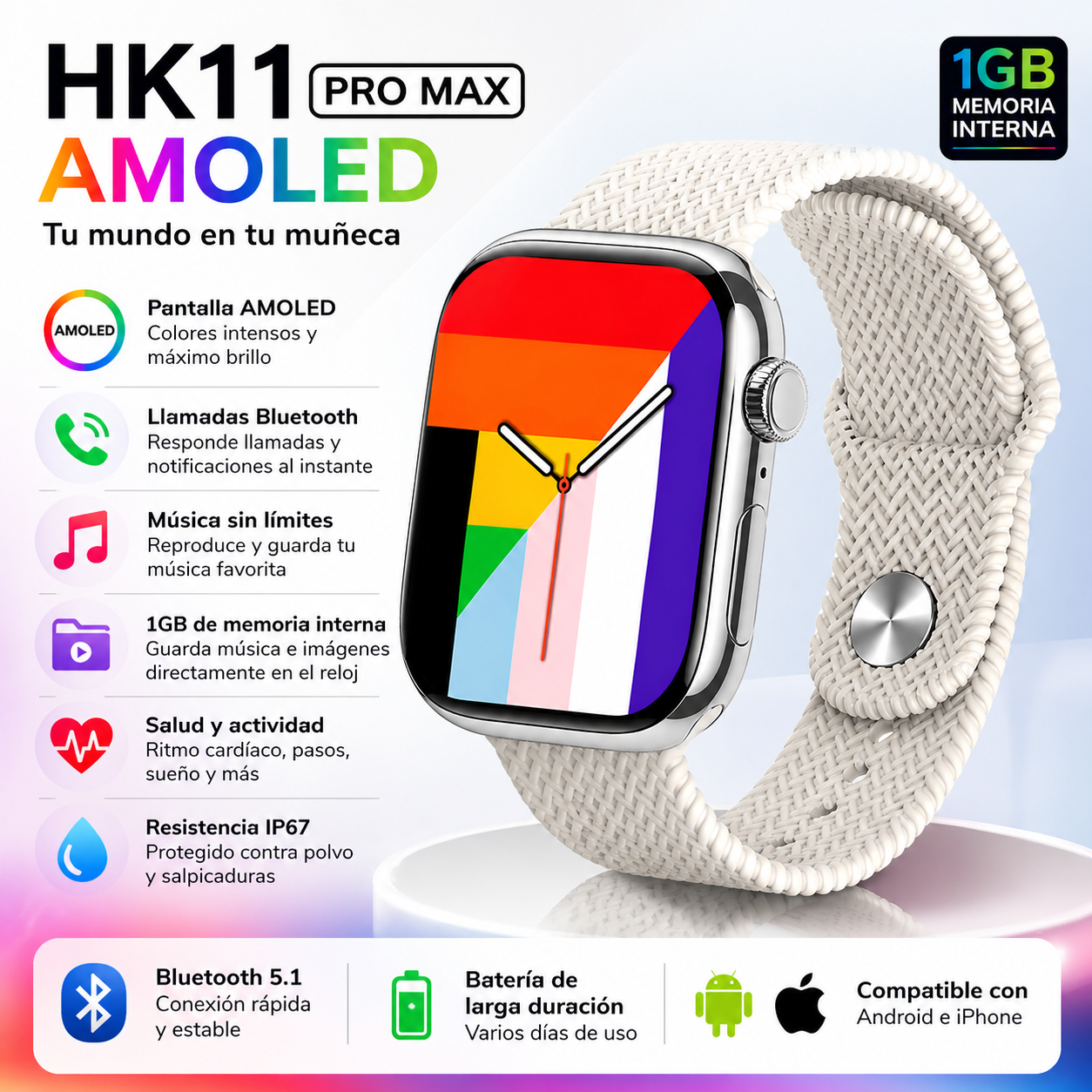 Smartwatch HK11 Pro Max AMOLED 1GB | Llamadas Bluetooth | Compatible Android y iPhone | Música | IP67 - 1