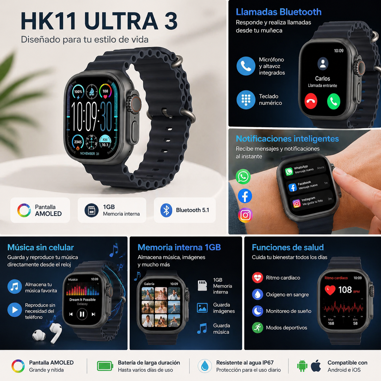 Smartwatch HK11 Ultra 3 AMOLED 49 mm | Llamadas Bluetooth | 1 GB | Compatible Android y iPhone | IP67 - 4