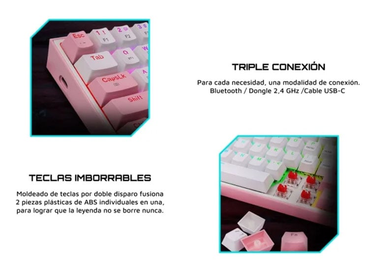 TECLADO REDRAGON FIZZ PRO WIRELESS. SPANISH K616-RGB-PW WHITE/PINK - 4