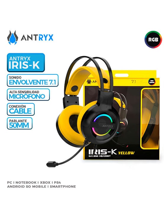 AURICULAR ANTRYX IRIS-K YELLOW, 7.1 VIRTUAL SURROUND, USB, RAINBOW - 1
