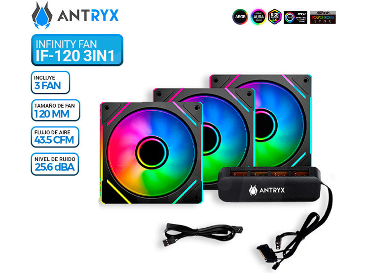 KIT DE COOLERS P/CASE ARGB ANTRYX IF-120 INFINITY FAN BLACK, 120MM X 3, C/CONTROLADOR - 1