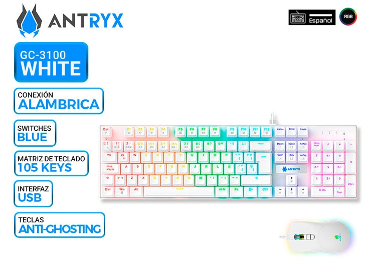 KIT GAMING ANTRYX GC-3100 WHITE, TECLADO SWITCH BLUE Y MOUSE - 1