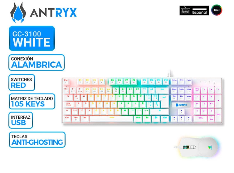 KIT GAMING ANTRYX GC-3100 WHITE, TECLADO SWITCH RED Y MOUSE - 1