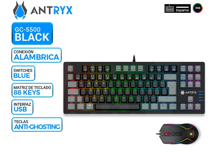 KIT GAMING ANTRYX GC-5500, TECLADO MECANICO + MOUSE, SWITCH BLUE - 1