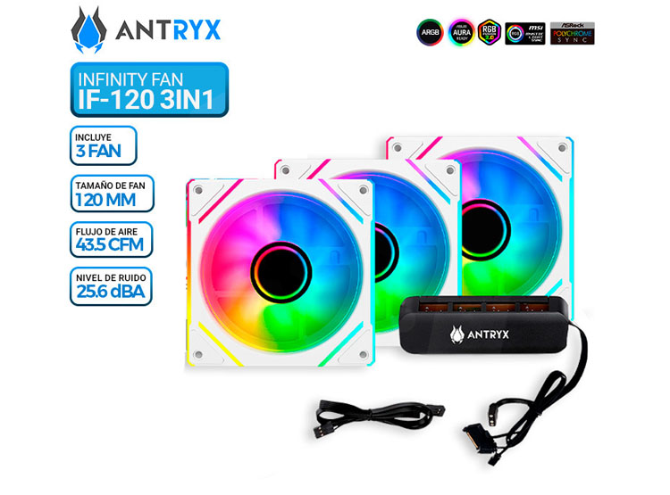 KIT ARGB ANTRYX IF-120 INFINITY FAN WHITE, 120MM X 3, C/CONTROLADOR - 1