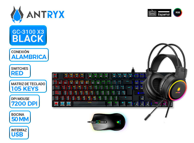 KIT GAMING ANTRYX GC-3100 X3 BLACK, TECLADO SWITCH RED, MOUSE, AURICULAR - 1