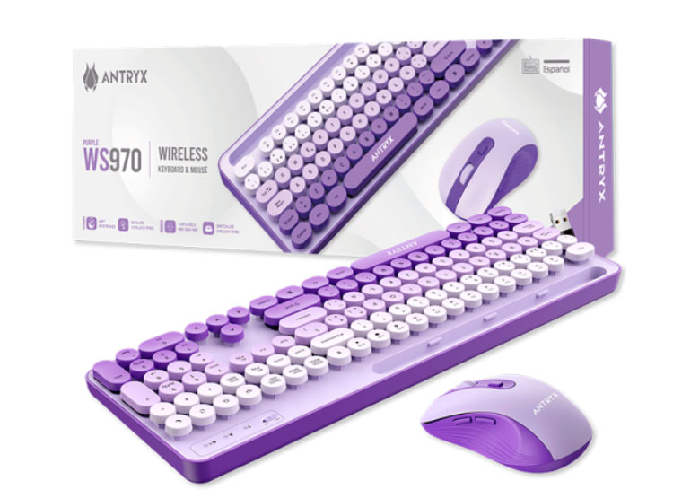TECLADO Y MOUSE ANTRYX WS-970 WIRELESS PURPLE HOLDER SLOT (ASC-WS970PE) - 1