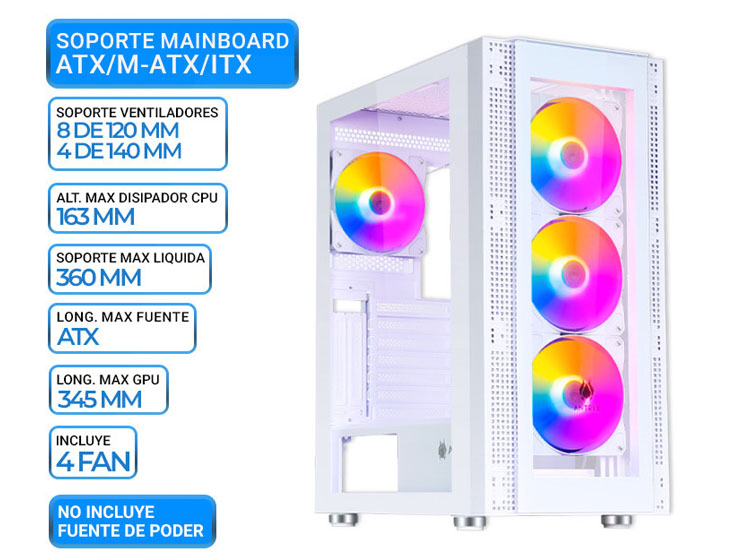 CASE ANTRYX RX-260 WHITE, FIXED RGB, FAN X4, V/TEMPLADO - 1