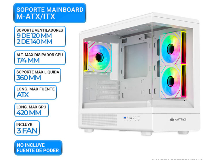 CASE ANTRYX FX 630M WHITE, FAN X3 ARGB, V/TEMPLADO - 1
