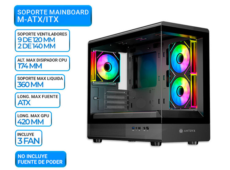 CASE ANTRYX FX 630M BLACK, FAN X3 ARGB, V/TEMPLADO - 1