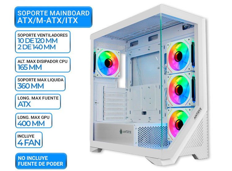 CASE ANTRYX FX-650 WHITE, FAN X4 ARGB, V/TEMPLADO - 1