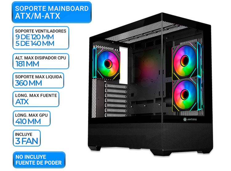 CASE ANTRYX FX 740 BLACK, 3 COOLER ARGB, USB TIPO C, V/TEMPLADO - 1