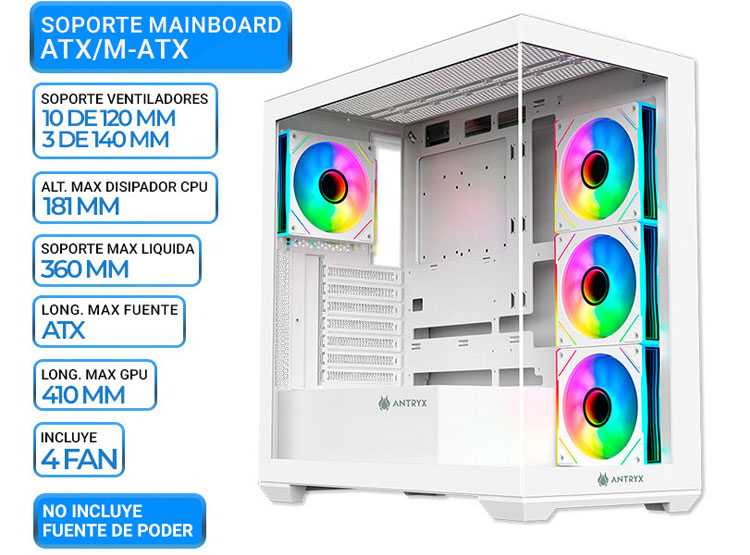 CASE ANTRYX FX 750 WHITE, 4 COOLER ARGB, USB TIPO C, V/TEMPLADO - 1