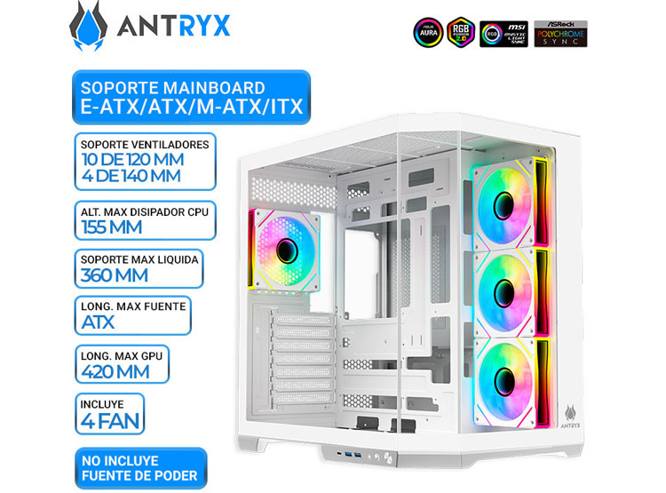 CASE ANTRYX FX 800 WHITE, FAN X4 ARGB, USB TIPO-C - 1