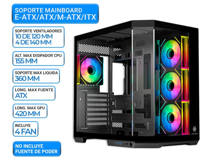 CASE ANTRYX FX 800 BLACK, FAN X4 ARGB, USB TIPO-C - 1