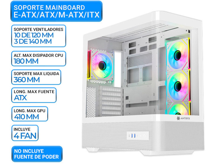 CASE ANTRYX FX 830 WHITE, FAN X4 ARGB, USB TIPO-C - 1
