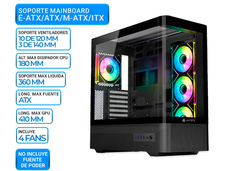 CASE ANTRYX FX 830 BLACK, FAN X4 ARGB, USB TIPO-C - 1