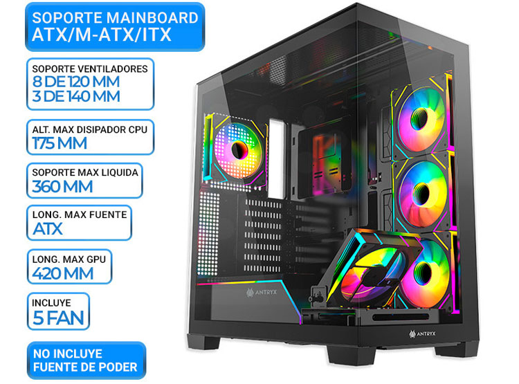 CASE ANTRYX FX 850 PRO BLACK, FAN X5 ARGB, USB TIPO-C - 1