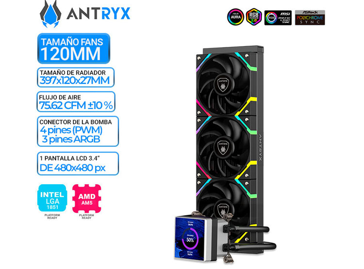 REFRIGERACION LIQUIDA ANTRYX TRITON VISION XT360 BLACK, ARGB, LCD 3.4' - 1