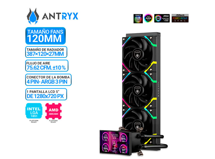 REFRIGERACION LIQUIDA ANTRYX TRITON VISION SP360 BLACK, ARGB, LCD 5' - 1