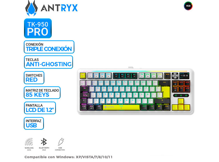 TECLADO MECANICO INALAMBRICO/BT ANTRYX TK950 PRO WHITE, SWITCH RED GATERON - 1