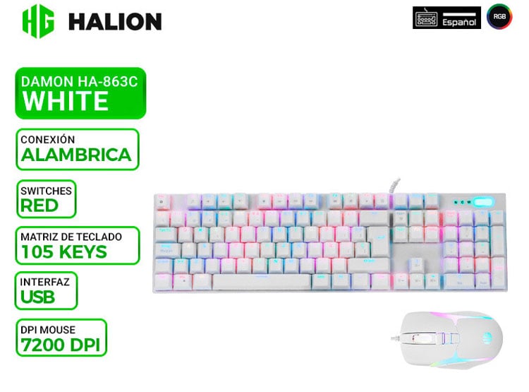 KIT GAMING HALION DAMON HA-863C WHITE, TECLADO + MOUSE, SWITCH RED, RGB - 1