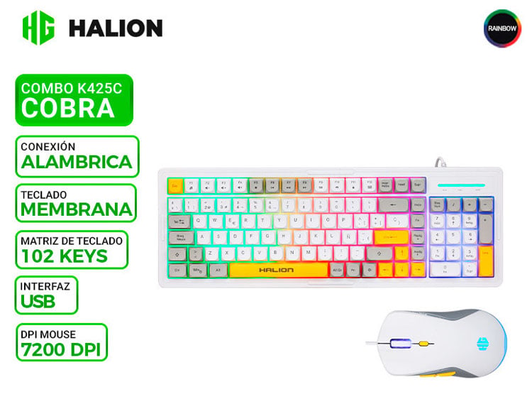 KIT GAMER HALION COBRA K425C, TECLADO Y MOUSE, RAINBOW - 1