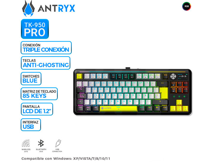 TECLADO MECANICO INALAMBRICO/BT ANTRYX TK950 PRO BLACK, SWITCH BLUE GATERON - 1