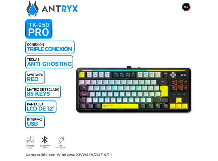 TECLADO MECANICO INALAMBRICO/BT ANTRYX TK950 PRO BLACK, SWITCH RED GATERON - 1