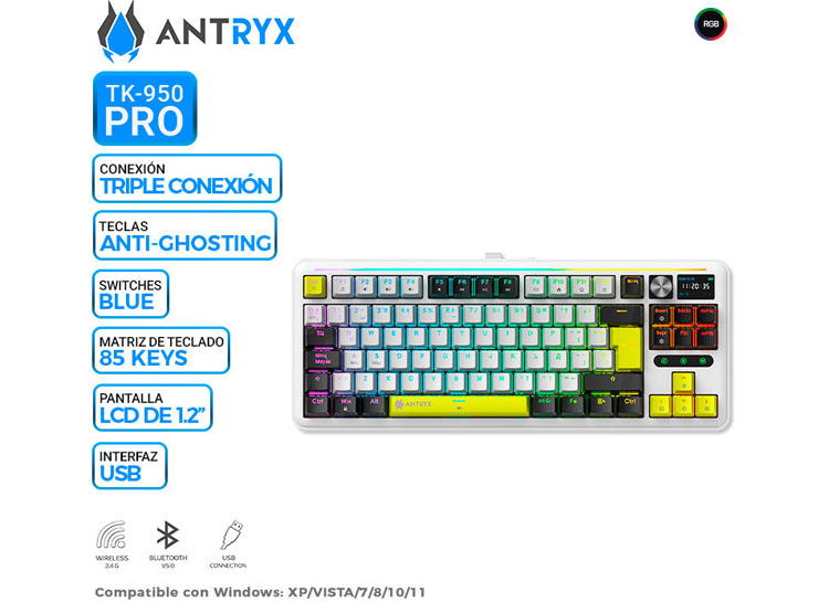 TECLADO MECANICO INALAMBRICO/BT ANTRYX TK950 PRO WHITE, SWITCH BLUE GATERON - 1