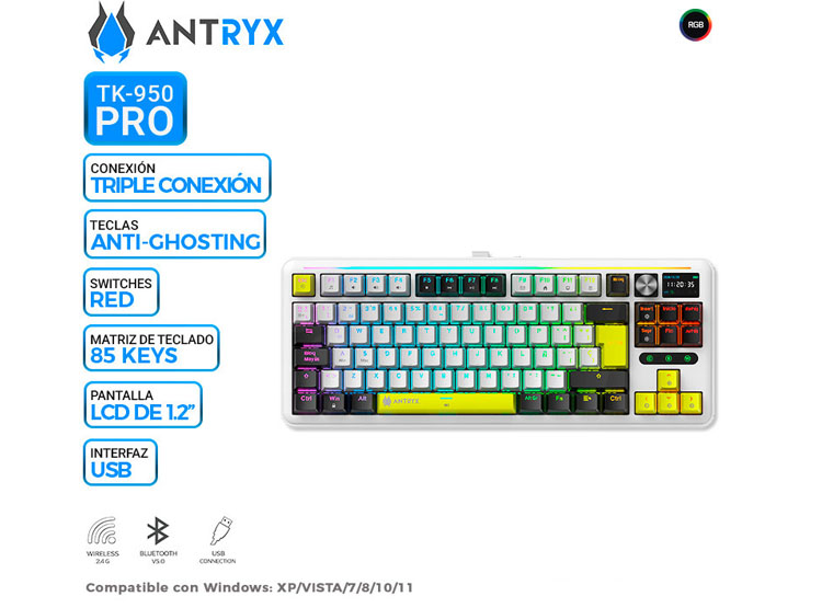 TECLADO MECANICO INALAMBRICO/BT ANTRYX TK950 PRO WHITE, SWITCH RED GATERON - 1