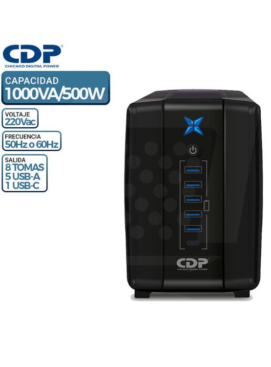 UPS CDP R-UPR1008I, 1000VA/500W, 8 TOMAS, 5 USB TIPO-A, 1 USB TIPO-C - 1