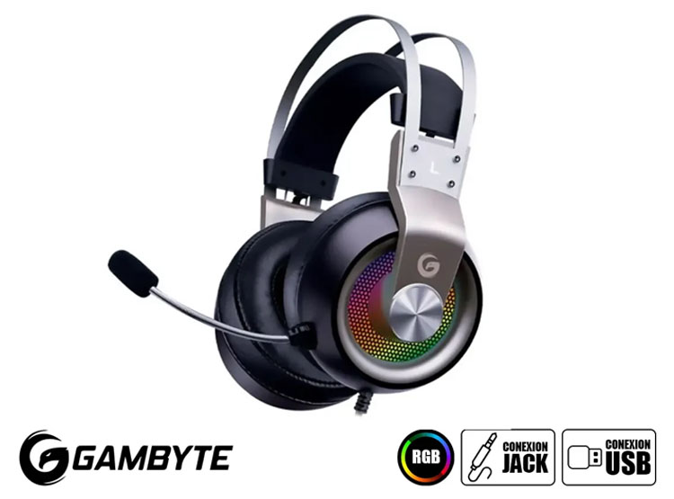 AURICULAR GAMBYTE BLOOD LORD GAMING 7.1 (BMBH357AH) CON MICROFONO, INTERFAZ USB, JACK 3.5 MM, RGB, GRIS - 1