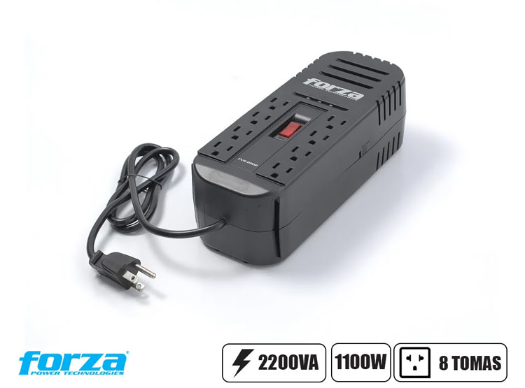 ESTABILIZADOR FORZA 2200VA 8 TOMAS, FRECUENCIA 50 / 60HZ, DIMENSION 250X95X80MM, INTERRUPTOR ILUMINADO, COLOR NEGRO (FVR-2202) - 1