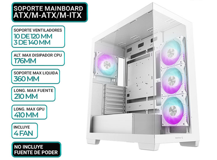 CASE DEEPCOOL CG580 4F WH, 4 FAN ARGB, V/TEMPLADO - 1