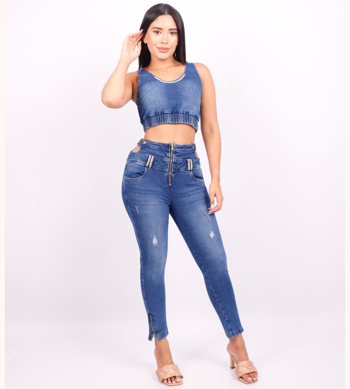 CONJUNTO JEANS MUJER BENCUS JEANS AZUL IMPIMA TOTAL DENIM TOP PANTALON - 1