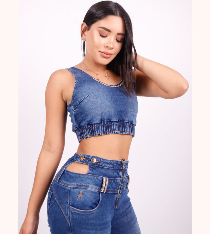 CONJUNTO JEANS MUJER BENCUS JEANS AZUL IMPIMA TOTAL DENIM TOP PANTALON - 3