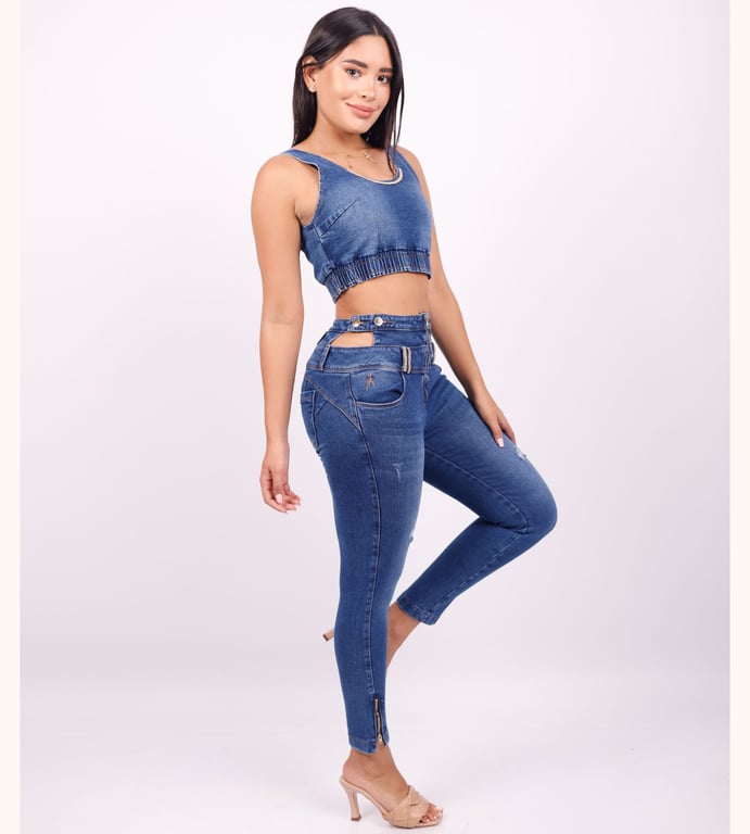 CONJUNTO JEANS MUJER BENCUS JEANS AZUL IMPIMA TOTAL DENIM TOP PANTALON - 4
