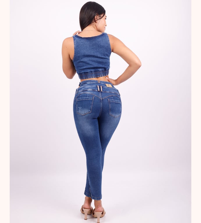 CONJUNTO JEANS MUJER BENCUS JEANS AZUL IMPIMA TOTAL DENIM TOP PANTALON - 5