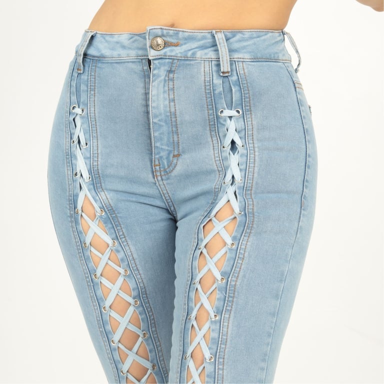 PANTALÓN JEAN MUJER BENCUS JEANS CELESTE CLARO VAQUERO STYLISH CORDONES PIERNAS - 4