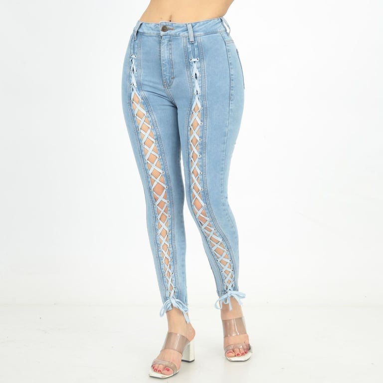 PANTALÓN JEAN MUJER BENCUS JEANS CELESTE CLARO VAQUERO STYLISH CORDONES PIERNAS - 5
