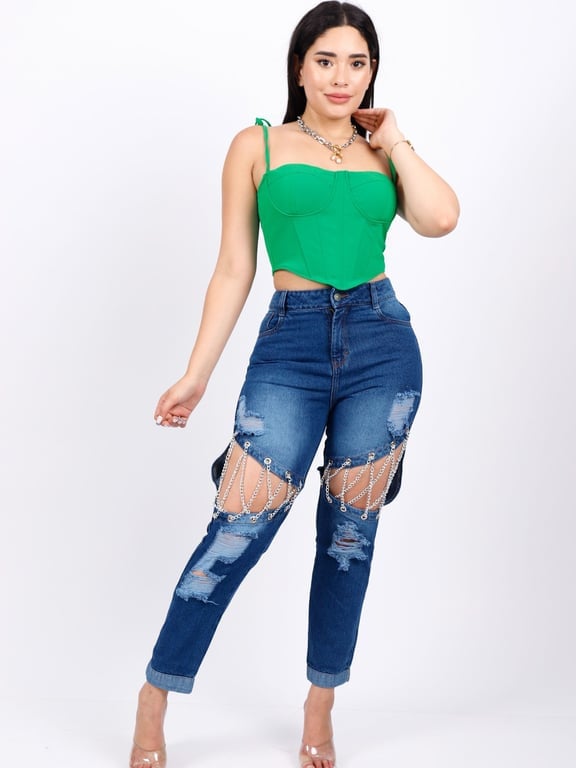 PANTALÓN ALGODÓN MUJER BENCUS JEANS AZUL CADENAS CHAIN LEGS - 1