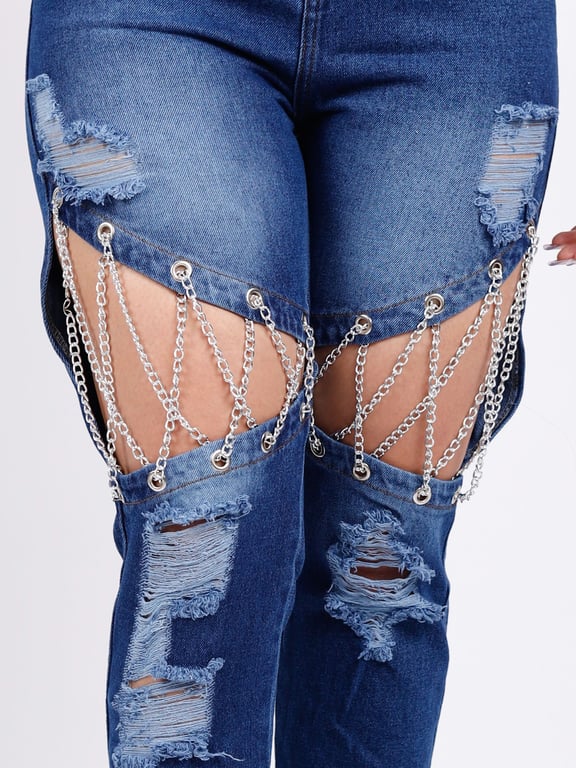 PANTALÓN ALGODÓN MUJER BENCUS JEANS AZUL CADENAS CHAIN LEGS - 2