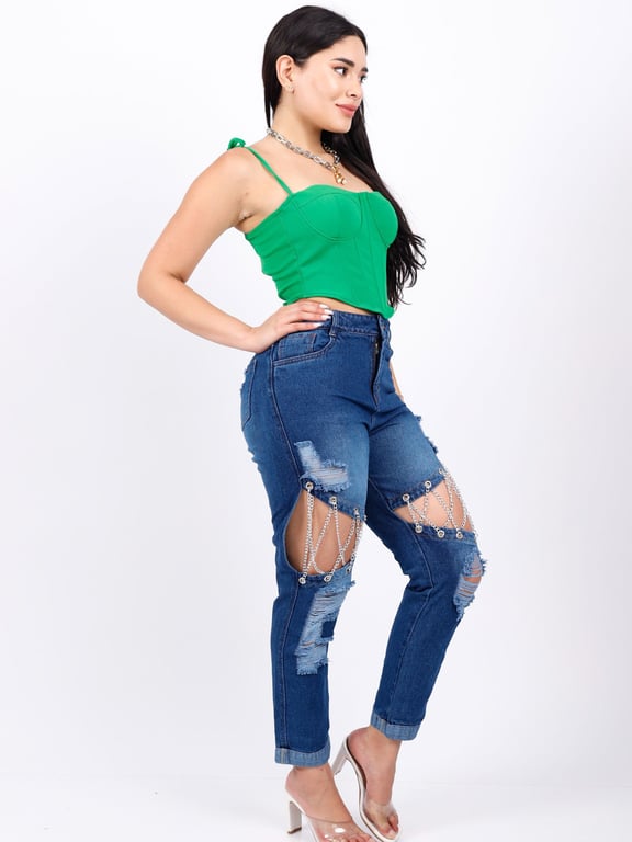 PANTALÓN ALGODÓN MUJER BENCUS JEANS AZUL CADENAS CHAIN LEGS - 3