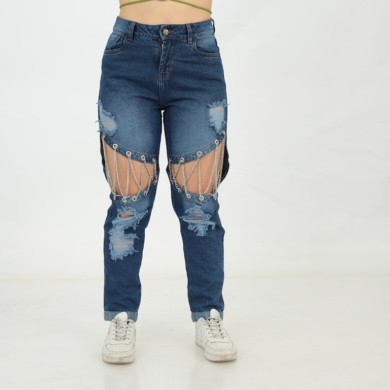 PANTALÓN ALGODÓN MUJER BENCUS JEANS AZUL CADENAS CHAIN LEGS - 5