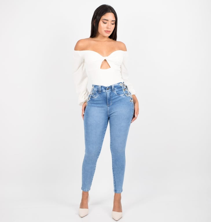 JEANS MUJER BENCUS JEANS CELESTE CHAIN STRETCH PANTALON CADENAS A LOS COSTADOS - 1